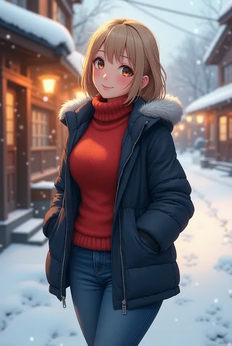  brown skin tone,like,trust,love,Asian, a blonde bob cut woman is smiling ,The tips of her hair are bulging , is shy, small boobs, big butt, fluffy red turtleneck sweater, wearing a dark blue jacket , thighs are big,Wearing long jeans ,Warm clothes,Winter ...