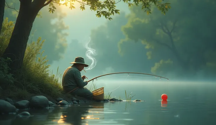 serene riverbank,drowsy feline,clutching,elongated fishing rod,tranquil fishing scene,gently floating,delicate ripples,glassy water surface, highres,ultra detailed,best quality,masterpiece,/(fisher hat,lit cigarette in mouth,fishing basket,red float,haze,v...