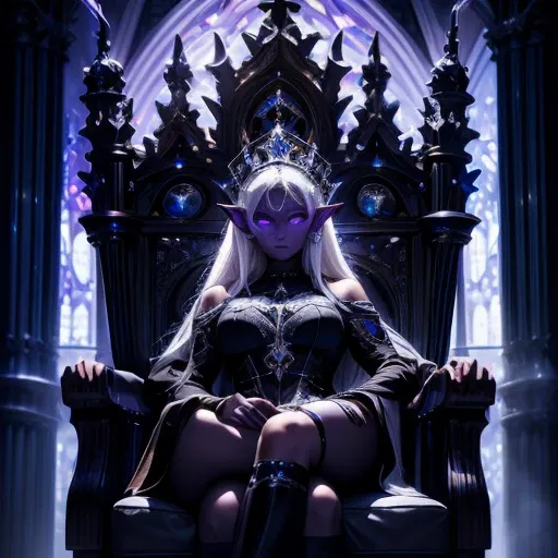 best quality, highres, 1girl, realistic high quality masterpiece detailed a drow elf female blue skin in a Cathedral sitting in a gothic chair white hair black orange glowing eyes small crown with purple gems armor with silver trim firm breast black nipple...