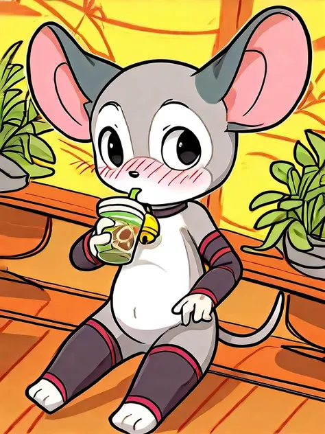   humanoid mouse,Round ears,black eyes,( black round nose), Short tail ,Three toes  , four fingers ,  Grey Bodies ,thin, white chest ,White belly,White Hand,  white feet, black stockings,black long elbow pads , bell collar, blush,indoor,cafes,Green plants,...