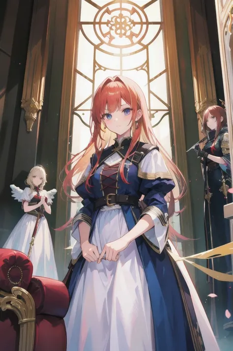 3 girls, a swordswoman with auburn hair, a rogue with blonde hair, a healer with white hair and angel curls, raiding the dark lord throne room