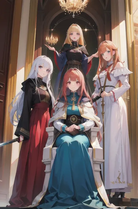 3 girls, a swordswoman with auburn hair, a rogue with blonde hair, a healer with white hair and angel curls, raiding the dark lord throne room