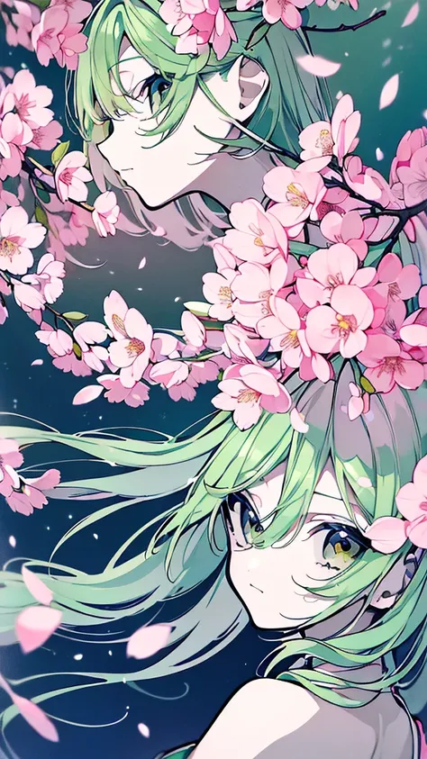 (( Masterpiece  )), ((( top quality))), (( very detailed )),  colorful , Pale green hair， high definition ,  1 girl, Alone,(( pink)), 千本cherry blossoms_( vocaloid ),   upper body,Golden Ratio，Japanese Yen ， Flower blowing snow，cherry blossoms，