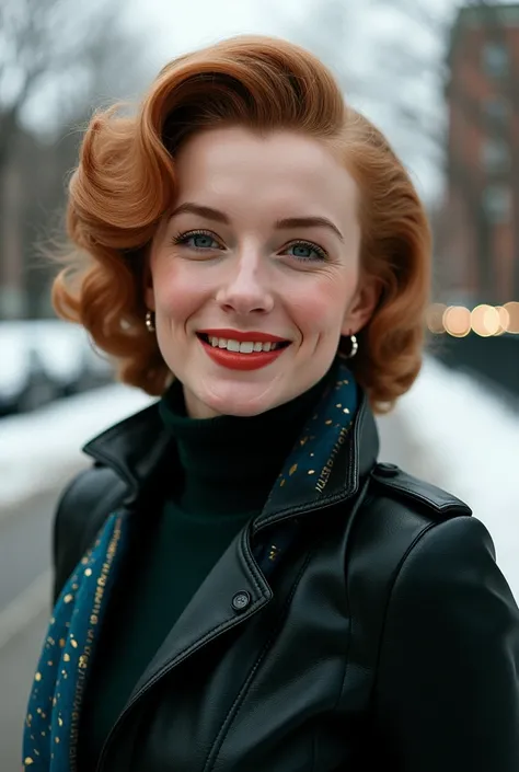 modern photo of Marilyn Monroe. With her natural reddish brown hair color. posing for a photo shoot in New York park. Cloudy evening. soft light, (single beauty mark on the left cheek). no lupstick. sensual smile. wearing a dark green winter turtleneck swe...