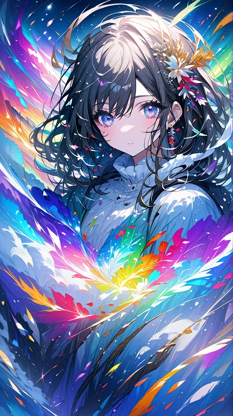 ( Masterpiece  ), ( top quality), ( super detailed), girl、In the snow、 Aurora、 put your hands in front of your face and blow in、White breath is leaking、 the whole body is reflected around the body 、Put your 、beautiful colorful background