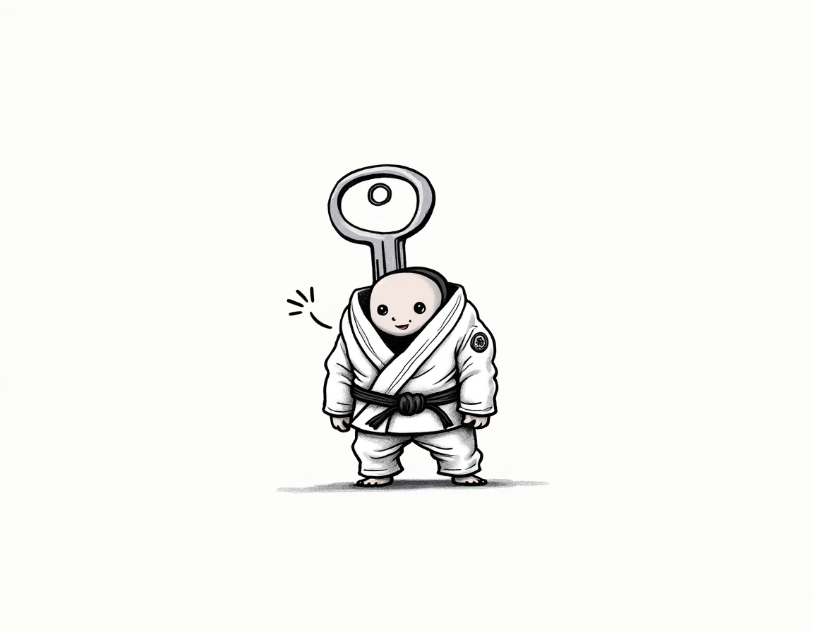 A comedic, illustrative drawing of a single key wearing a jiu-jitsu gi. The key is the central focus, with no other characters, just the key itself. The style is playful and humorous, with exaggerated features, drawn in black and white with clean, minimali...