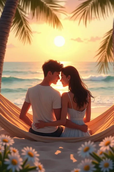  A young couple lies hugging on a hammock on a sandy sea beach,  where the sun sets on the horizon , reflected on the sea surface ,  next to the couple lies a bouquet of daisies  