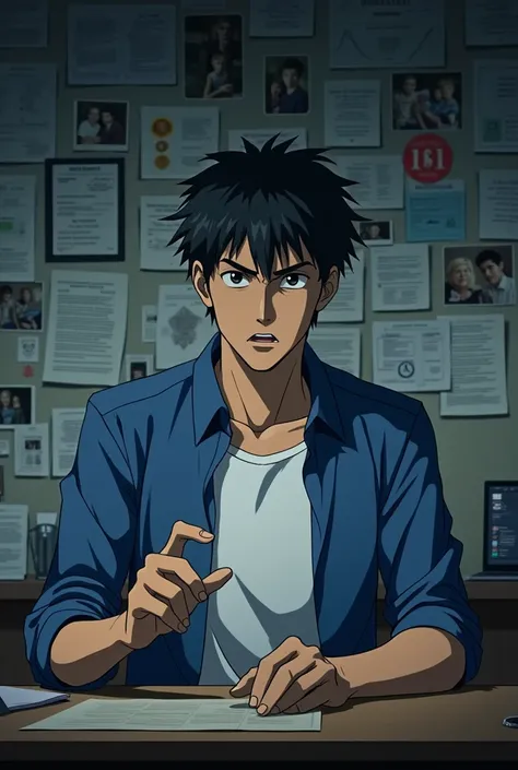 Detective board on wall background he is sitting on desk  and talking in front camera wearing blue open shirt with white tshirt hand on table anime