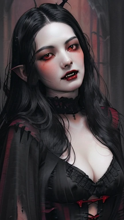 evang. watercolour and ink style, full length portrait. realistic. In a gothic horror setting, a (mysterious (female (vampire))), (long (black hair)), (mouth open:1.2), (fangs:1.5), cleavage, red eyes. lacy gothic aesthetics. seductive.  black and vermilio...