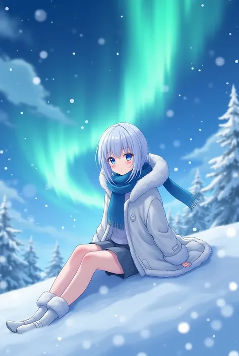 An anime-style girl with bluish-white hair, wearing a long white fur-lined winter coat and a blue scarf. She is dressed in a short skirt, exuding a soft and charming appearance. Her expression is gentle and calm as she sits on a snow-covered field with the...