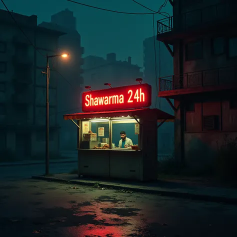  A kiosk with the inscription  "shawarma 24h " on an abandoned street at night in a gloomy back street