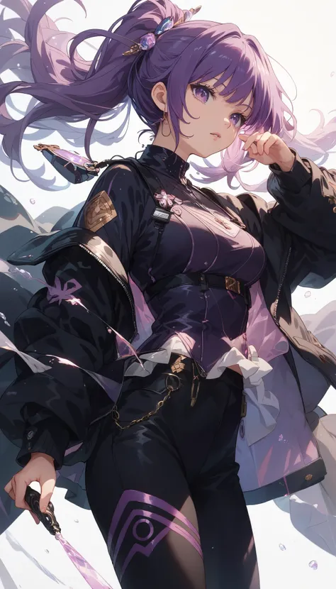 An anime girl with shoulder-length purple hair and warm purple eyes, dressed in a sleek, black jacket with a subtle purple tint and black pants. She wears a pink hairpin in her hair. The sunlight reflects softly on her jacket, highlighting its advanced and...