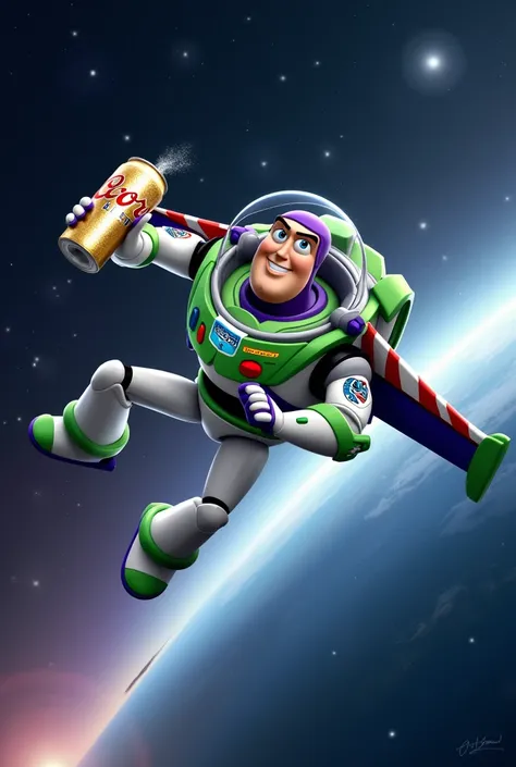 Buzz lightyear holding a coors light while flying through space