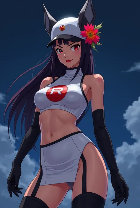 DeFrhea , headgear, Hair flower , Team-Rocket-Uniform, red letter R, white skirt,  no underwear ,  look under the skirt , Buttocks, white crop top, hentai, Black over-the-knee boots,  black elbow gloves, evil smile,  looks at viewers, cowboy shot, sexy Pos...