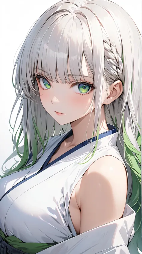 face details,semi realistic, Masterpiece, Master work, perfect , 4k, 1woman, full body view, adult woman, mature body, big breast breasts, straight shoulder-length hair, flat bangs hair style, white hair, white colored hair with blue strokes, bright green ...