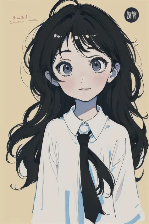 Long, narrow eyes,  anime girl with long black hair 、 wearing a white shirt and tie,(( monochrome portrait )),Black and White Photography,smile,Minimalist painting , simple strokes , tousled hair,Messy lines ,Messy bangs