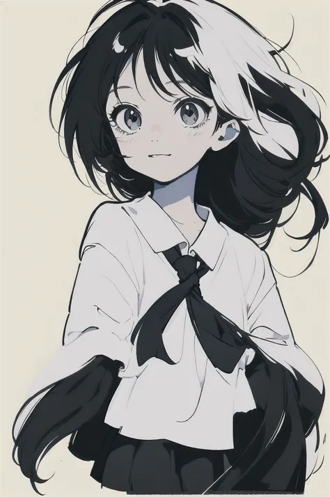 Long, narrow eyes,  anime girl with long black hair 、 wearing a white shirt and tie,(( monochrome portrait )),Black and White Photography,smile,Minimalist painting , simple strokes , tousled hair,Messy lines ,Messy bangs