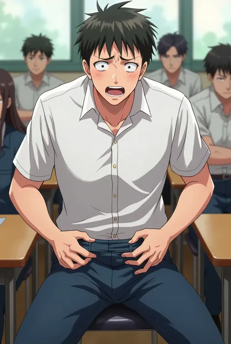 Anime peeing himself,  male peeing pants anime, wetting himself, holding crotch, wet spot on pants, embarrassed,in class, peed in class, at desk,