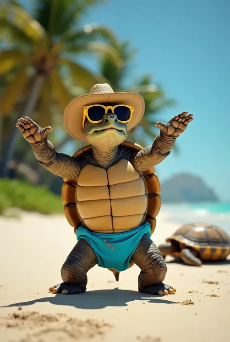 A photo of a turtle wearing yellow sunglasses and a blue diaper, on a sandy beach. The turtle has a cowboy hat and cowntre boots and is dancing or playing with his arms raised. The background is a tropical setting with palm trees and a blue sky. There is a...