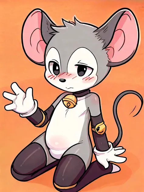   humanoid mouse,Round ears,black eyes,( black nose ), Short tail ,Three toes  , four fingers ,  Grey Bodies ,thin, white chest ,White belly,White Hand,  white feet, black stockings,black long elbow pads , bell collar, blush,indoor,cafes,2D,((  is the best...