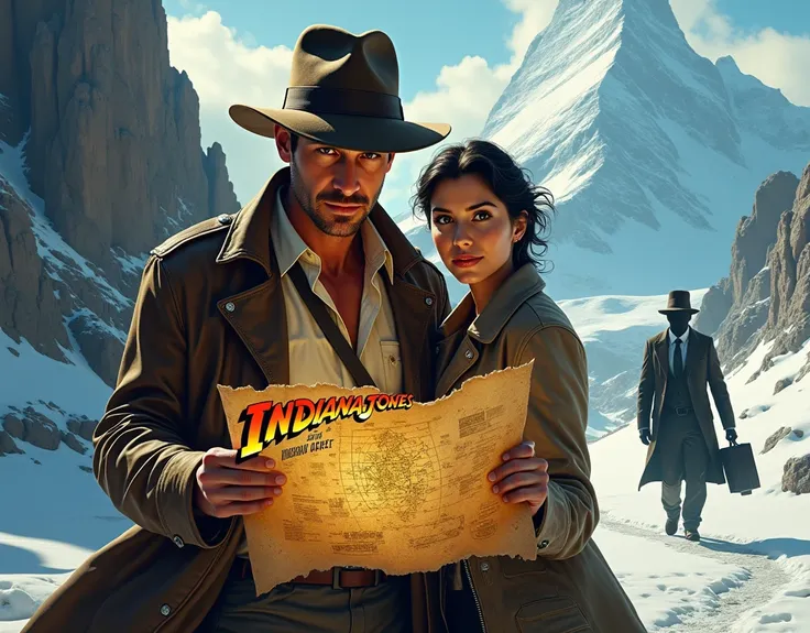 Indiana Jones, in his iconic fedora and leather jacket, holding an ancient parchment with a glowing map in the background. Beside him, a sexy Italian journalist with short dark hair and sexy figure looks determined. In the background, an icy mountain peak ...