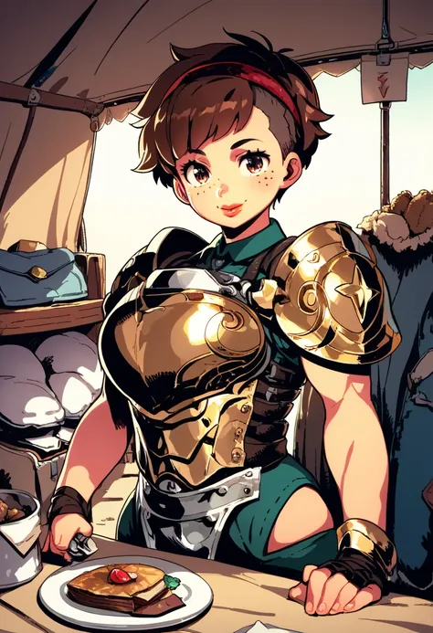 Score_9, source_anime, 1girl, freckles, brunette hair, pixie cut, close-up, waist up, inside tent, muscular, hyper muscle, extremely muscular, looking at viewer, handfixer, smiling, closed mouth, big lips, massive breasts, armor, plate mail, head band,