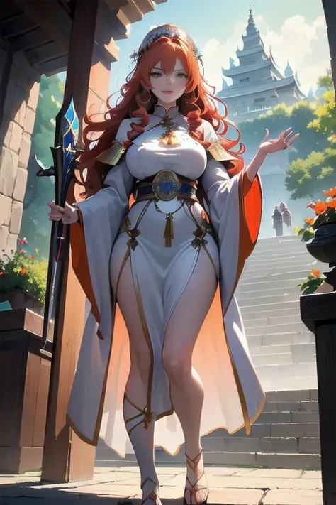  realistic 、Detailed full body、(1 male,Holy Knight ),(1 Female,A female knight wearing a full set of sacred equipment and sacred weapons,(Vulgar:1.0),(Joy:1.４) ,(Love 1 .4),(Pleasure:1.0), Orange Strong Red Hair  , length,  fluffy, slightly curly hair,, Ho...