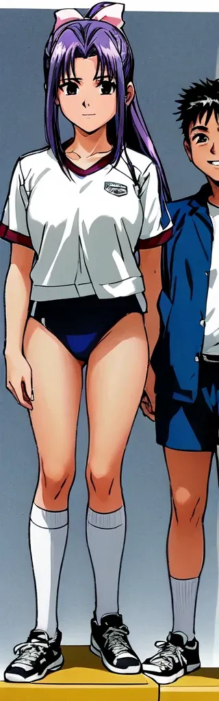  Momoko Koigakubo, who is tall and has beautiful legs, is standing with a smile in a white gym suit and a bulma shaped like bright dark blue panties。A first-year elementary school boy in a jersey is standing next to Momoko with a tremendous smile and Momok...