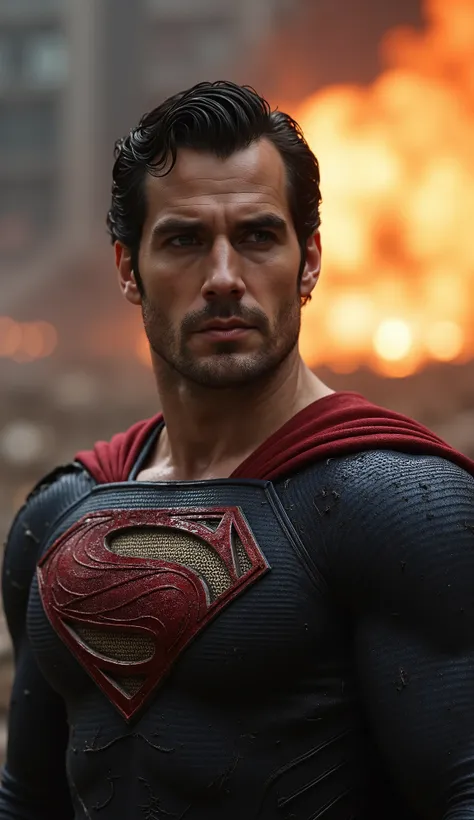 of a muscular attractive h3nr4, Henry Cavil with Short stubble, illuminated by bright, natural light, wearing a Superman suit, a defeated superhero, tattered red and blue suit, kryptonite glowing, dramatic lighting, intense battle scene, cinematic composit...
