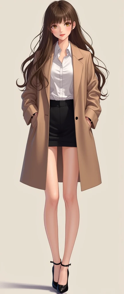 Osaki Amane, 1girl, Photo realistic style CG , hat, Gloves, long hair,  solo , Palace Background ,  Fashion Girl , Smile,  Brown Hair ,  Watching the viewer,  Gentle Bright Brown Eyes ,  simple background,  Open Mouth, [coat, blush, Winter clothes , 風衣coat...