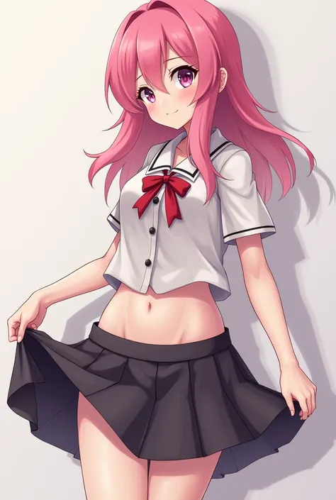 A girl with pink hair lifts her skirt and shows her crotch