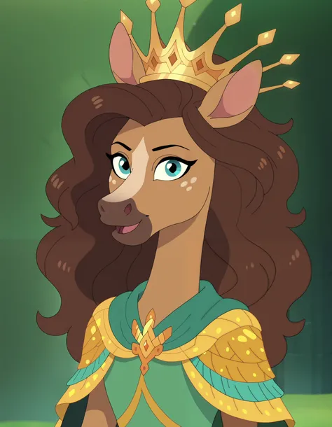 SHAMPSTYLE,, solo, anthropomorphic horse, 1 girl, furry female, furry horse, light brown fur, blue eyes, long snout, dark brown mane, green clothes with large yellow stripe, crown, 