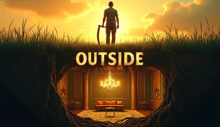 create image of this prompt "A visually striking movie poster-style image divided into two halves. The upper half shows a dramatic landscape of tall, dense grass at sunrise, with warm sunlight piercing through the grass. A man stands in the center of the s...