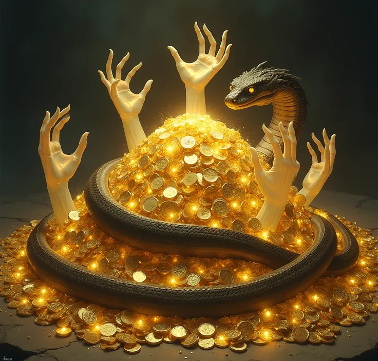  massive pile of gleaming gold coins and sparkling jewels, forming a shimmering mound. At the center of the pile, a large serpent coils around, its scales gleaming with a dark, mystical glow. Emerging from the pile, several ghostlys, ethereal  translucid a...