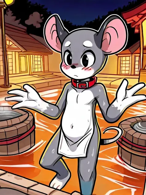   humanoid mouse,Round ears,black eyes,( black nose ), Short tail ,Three toes  , four fingers ,  Grey Bodies ,thin, white chest ,White belly,White Hand,  white feet,bath towel,Collar, blush,outdoor,Warm colored street lights,hot spring,Bath,Hot air,2D,((  ...