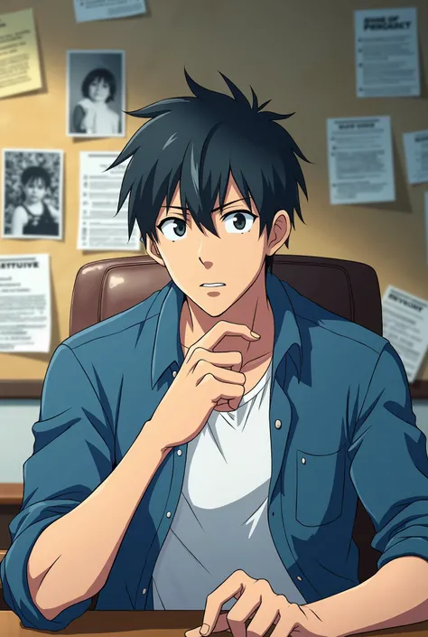 Detective board on wall background he is sitting on desk  and talking in front camera wearing blue open shirt with white tshirt with hand stepling gesture anime