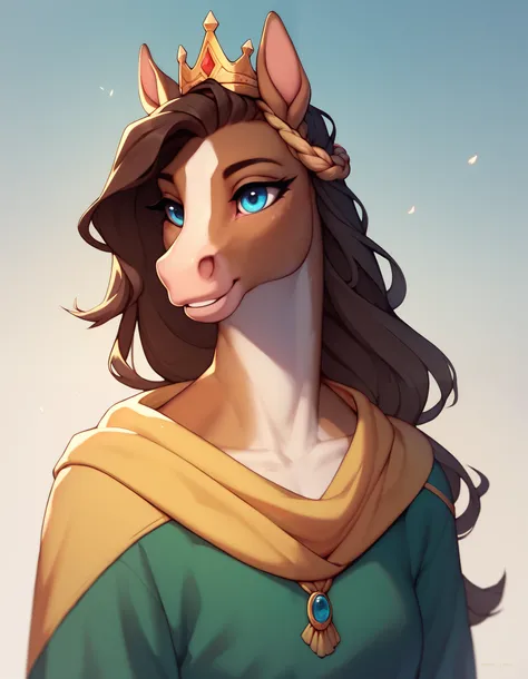 PDV6XL,, solo, anthropomorphic horse, 1 girl, furry female, furry horse, light brown fur, blue eyes, long snout, dark brown mane, green clothes with large yellow stripe, crown, 