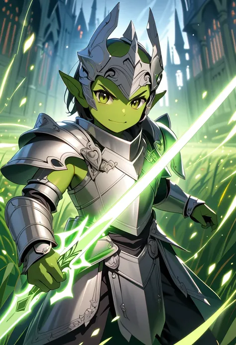 (masterpiece, best quality),(a green skin goblin),
A petit and handsome ,wears silver knights armor and brandishes a sword.,The framing includes ornate borders and a subtle glow, emphasizing the card-like appearance of the artwork. The atmosphere is magica...