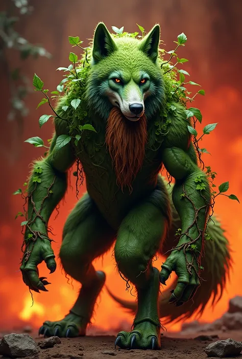  half green wolf with vines on the head are and on the backside of body has Green leaves with brown roots coming out and red flames in background Also has a beard that’s brown