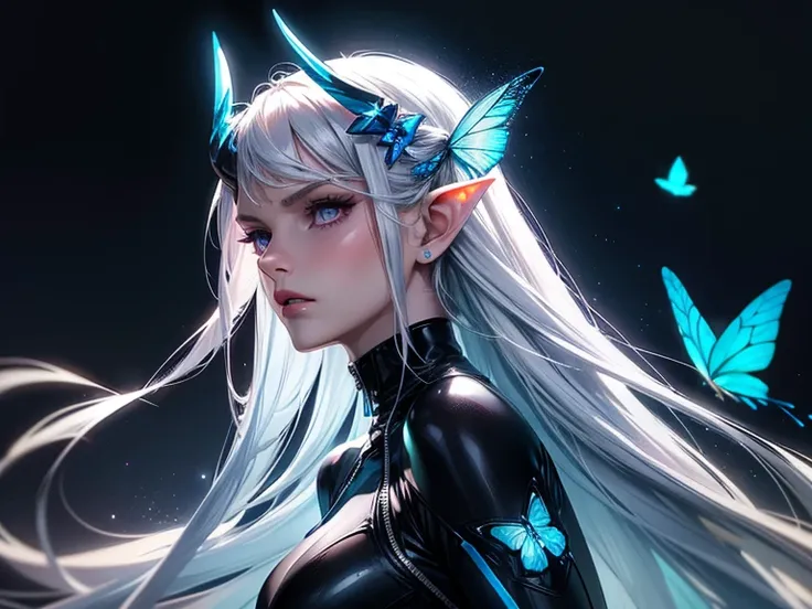 (masterpiece, best quality) detailed, 1Character ,close, blue archive art style , wearing Black bodysuit, silver accents , zip up , futuristic, shiny , Beautiful woman , pale skin ,frosted Horns,  purple eyes ,elegant, regal , pure white hair , pointed ear...