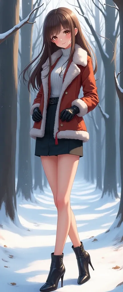 Osaki Amane, 1girl, Photo realistic style CG , hat, Gloves, long hair,  solo , Fallen Pine Forest Background ,  Fashion Girl , Smile,  Brown Hair ,  Watching the viewer,  Gentle Bright Brown Eyes ,  simple background,  Open Mouth, [coat, blush, Winter clot...