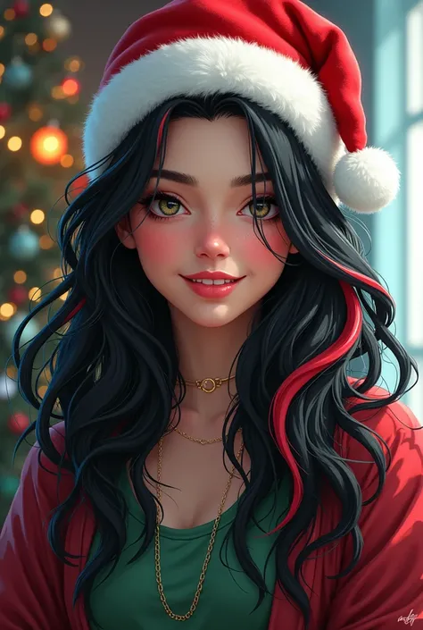  20-year-old Argentinian gamer woman with Christmas hat, long black hair with red and green loops and locks 