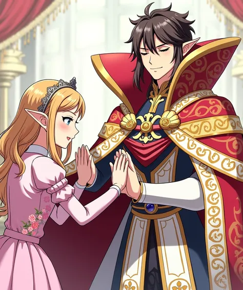 Anime, Princess Zelda wearing a Pink Dress with a tiny Medici Collar while bowing to her Emperor hes wearing a wearing a Large Red and Gold Cape with a Massive Collar