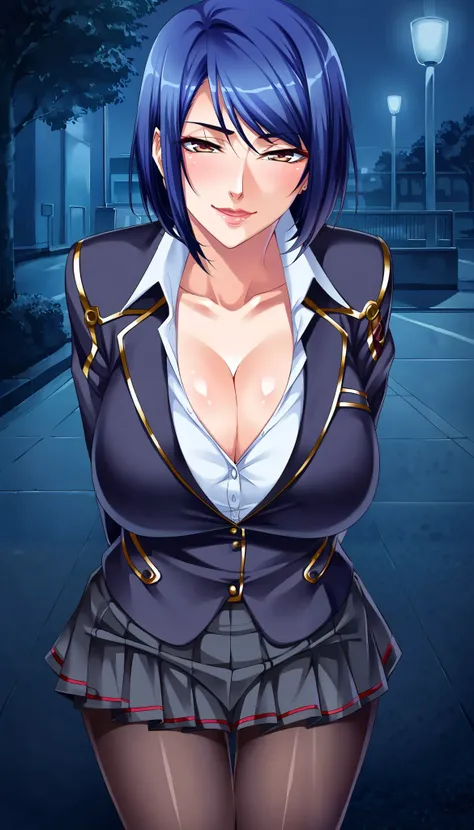 score_9,score_8_up,score_7_up,ultra detailed,absolutely resolution,32k,masterpiece,best quality,ultra HD quality,detailed beautiful face and eyes,hyperrealistic,Japanese beautiful milf,Blue hair,short hair,asymmetry bangs,(seductive smile+in heat),school u...