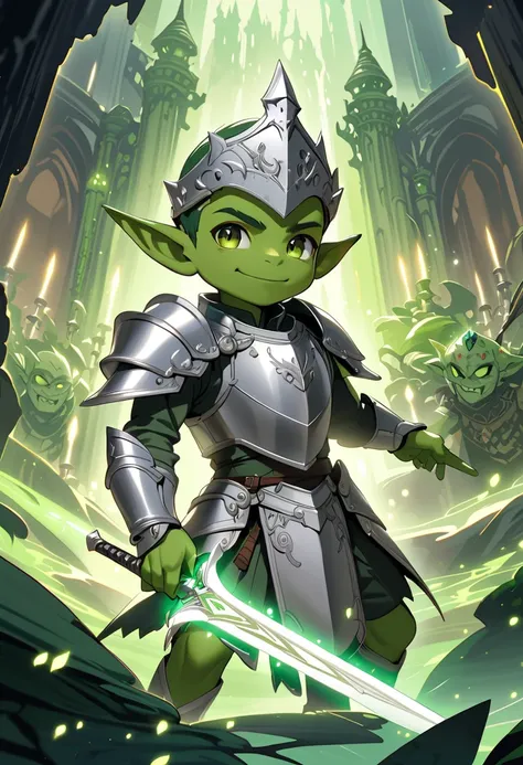 (masterpiece, best quality),(a green skin goblin),
A petit and handsome ,wears silver knights armor and brandishes a sword.,The framing includes ornate borders and a subtle glow, emphasizing the card-like appearance of the artwork. The atmosphere is magica...