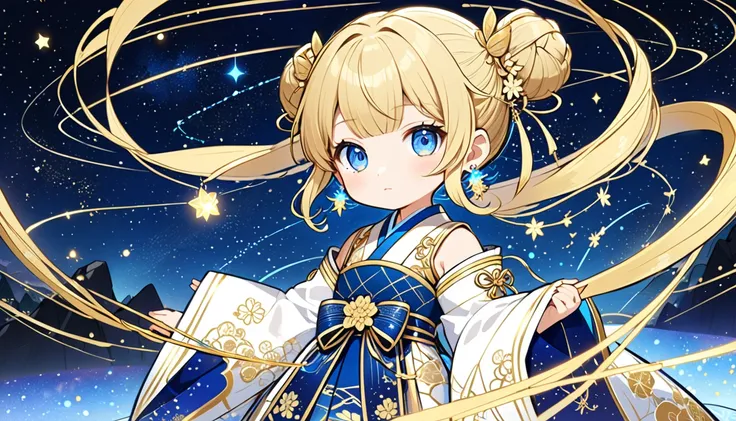 A chibi-style character in a Japanese anime aesthetic, holding an elegant golden bow with a glowing blue string. Her white and gold robes shimmer like starlight, and her blonde hair is styled into twin buns with celestial ornaments. She has small glowing s...