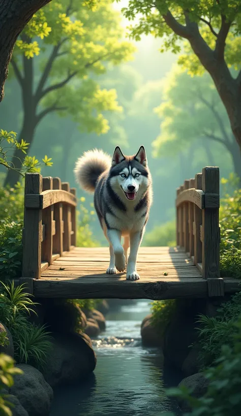 A Siberian Husky crossing a wooden bridge in a park setting.