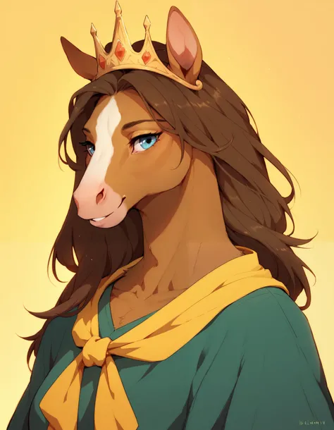dagasi_style, solo, anthropomorphic horse, 1 girl, furry female, furry horse, light brown fur, blue eyes, long snout, dark brown mane, green clothes with large yellow stripe, crown,