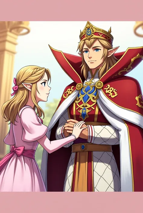 Anime, Princess Zelda wearing a Pink Dress with a tiny Medici Collar while bowing to her Emperor hes wearing a wearing a Large Red and Gold Cape with a Massive Collar thats taller than his head