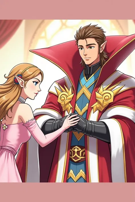 Anime, Princess Zelda wearing a Pink Dress with a tiny Medici Collar while bowing to her Emperor hes wearing a wearing a Large Red and Gold Cape with a Massive Collar thats taller than his head